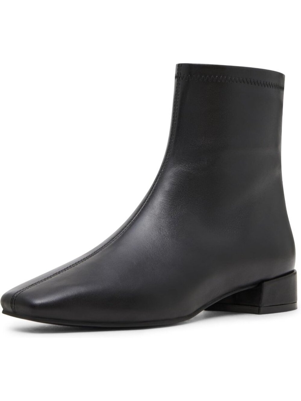 Women's Black Leather Round Toe Low Stacked Block Heel Imported Ramon Ankle Boot